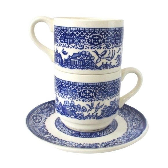 Vintage Scio Blue Willow Willow Ware Stacking Cups & Saucers 2 Cups 1 Saucer - Picture 1 of 8
